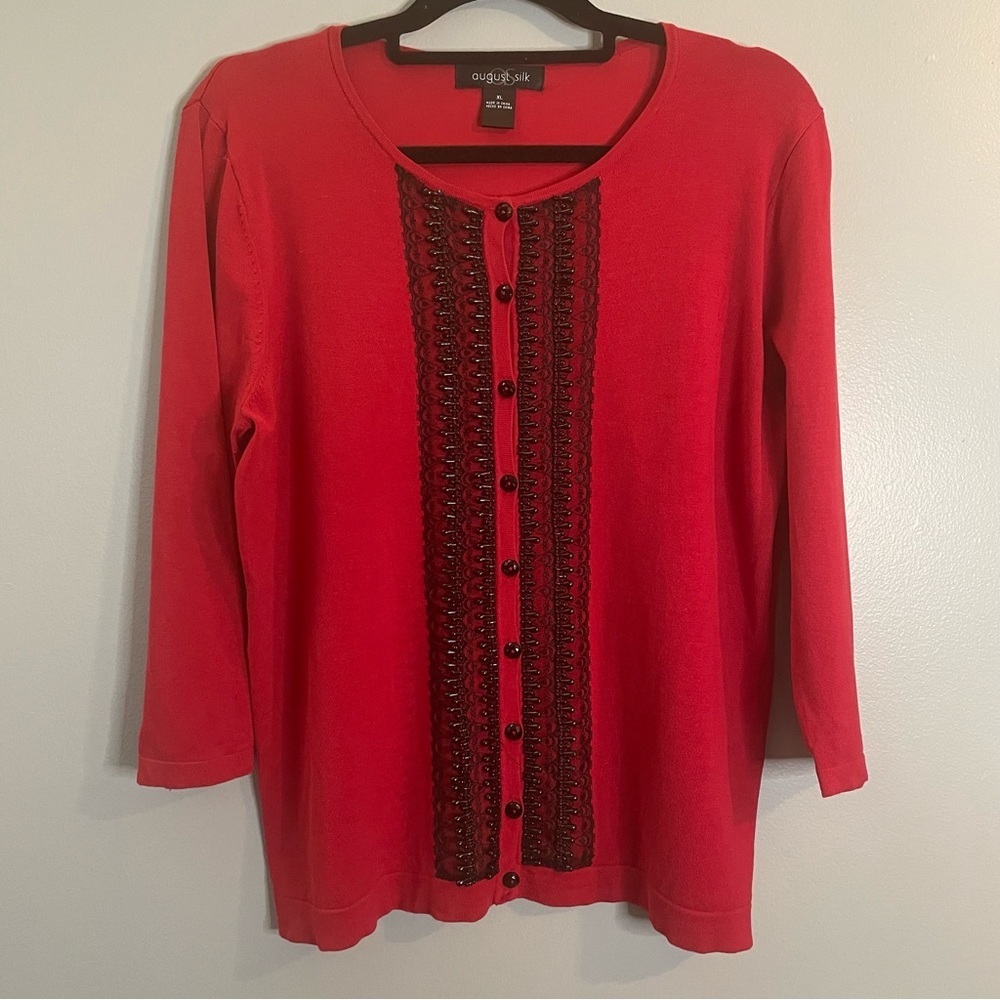 AUGUST SILK Cardigan Womens Red Knit Black Beading 3/4 Sleeve true size is M.
